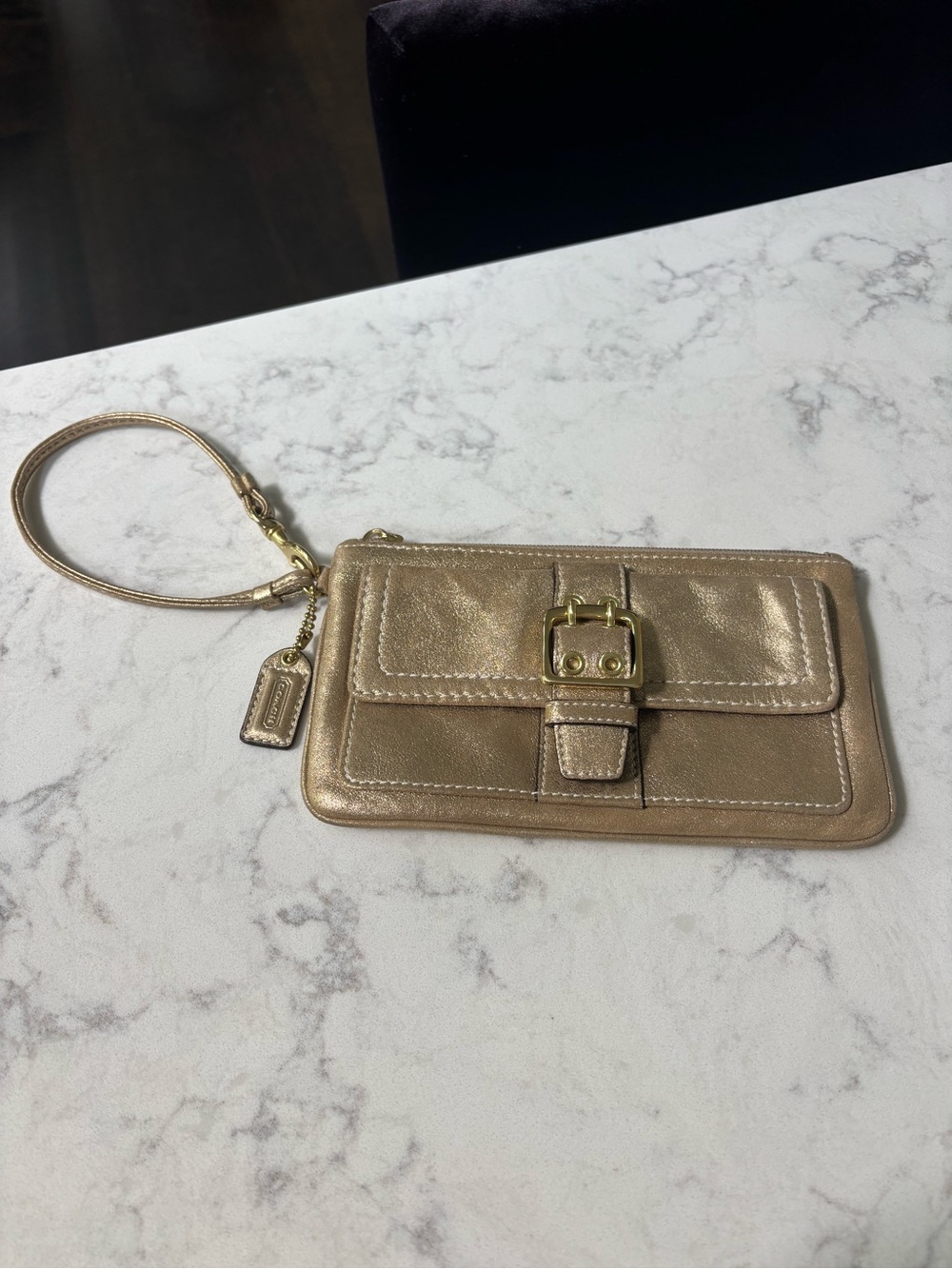 Coach Gold Metallic Leather Wristlet with Front Buckle